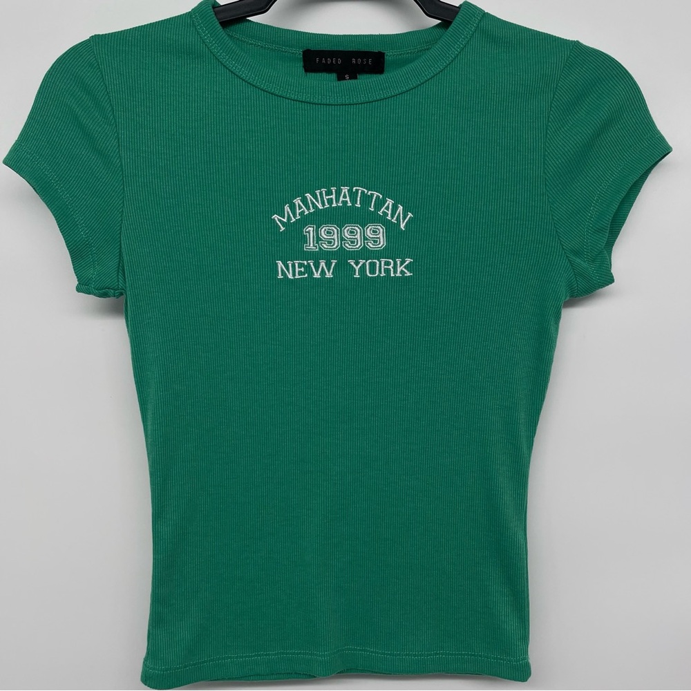 Faded Rose Short Sleeve Baby Tee Junior Small Green Ribbed Embroidered Logo Top